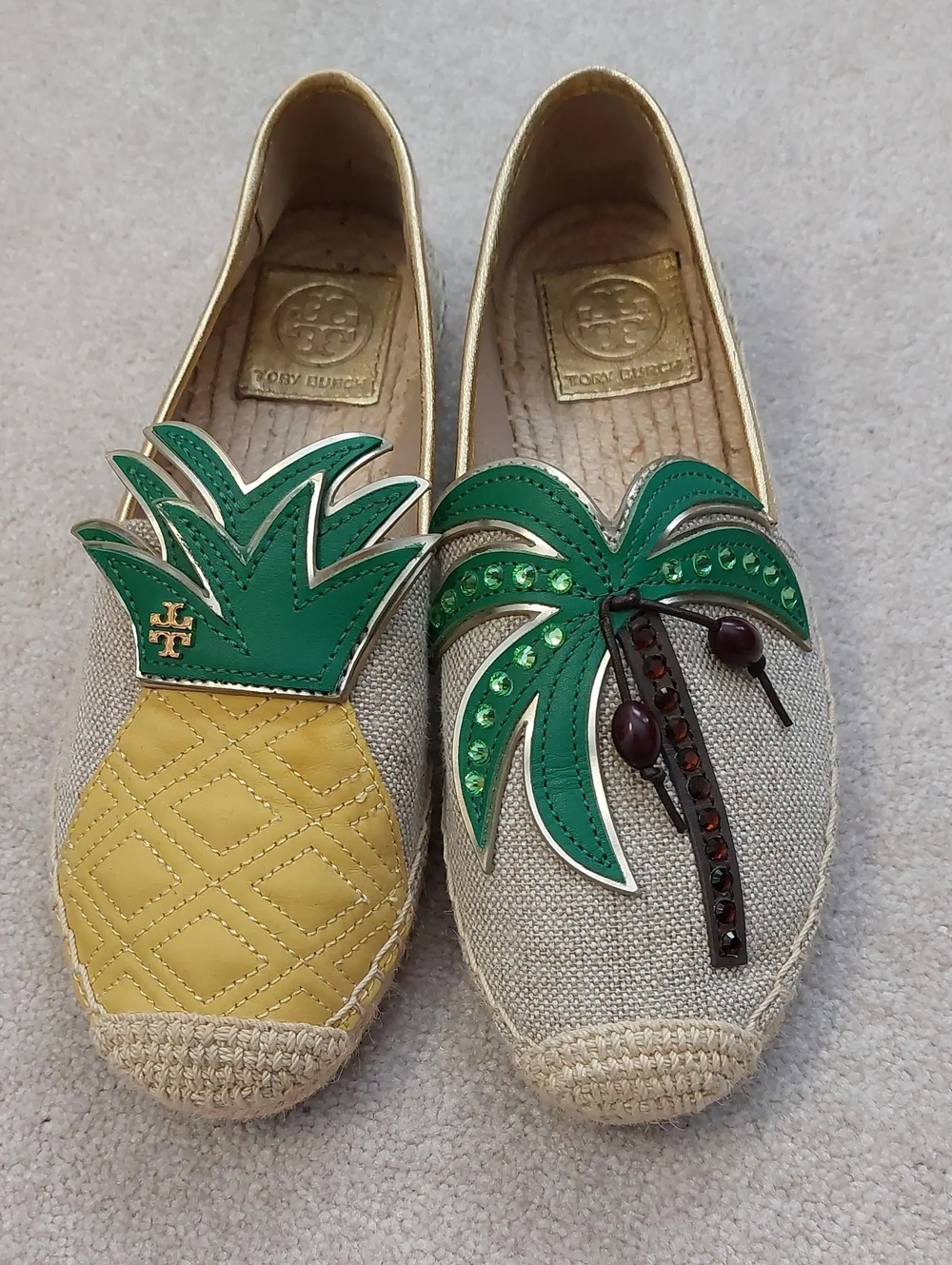 Tory Burch Women  Pineapple & Palm Appliqué Slip-Ons in Green and Yellow